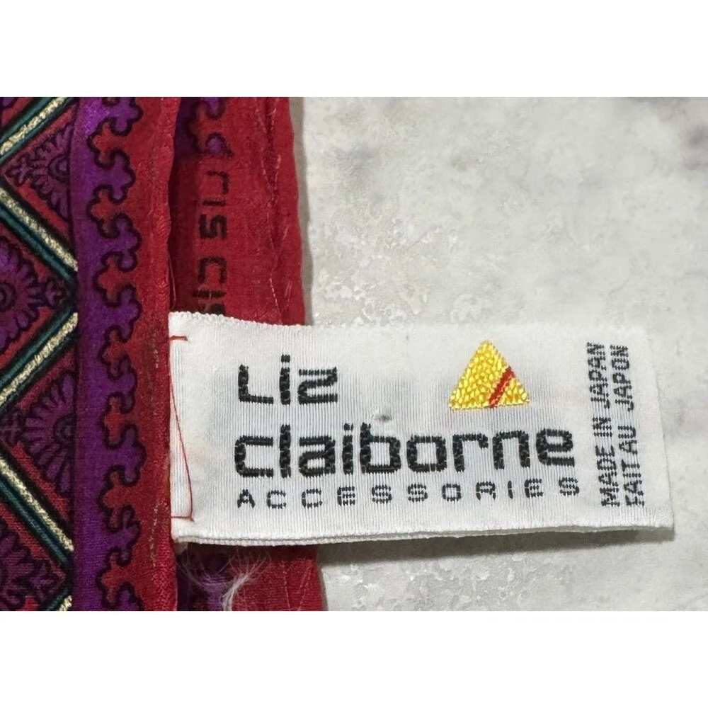 Vintage Liz Claiborne 100% Silk Scarf Japan 70272 Black Red Purple Green Blue